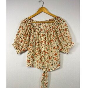Cottagecore Boho Body Central Womens Small Cream Floral Tie Front Chiffon Blouse